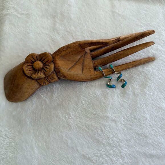 Vintage Sterling Silver Turquoise Blue Opal Spiral Drop Earrings Native American - Picture 5 of 11